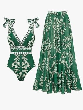 Flaxmaker Green Floral-Print One-Piece Swimsuit with Matching Maxi Skirt Set, L